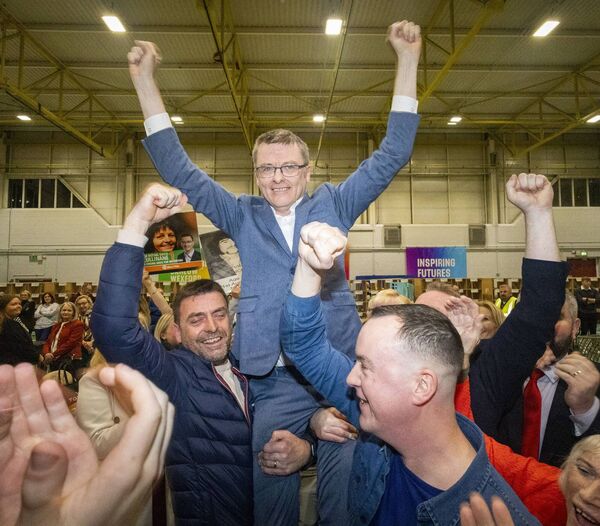 Sinn Féin Waterford Director of Elections Michael Doyle (front right) pictured celebrating David Cullinane's 2024 General Election success in SETU Arena. Photo: Joe Evans Sinn Féin Waterford Director of Elections Michael Doyle (front right) pictured celebrating David Cullinane's 2024 General Election success in SETU Arena. Photo: Joe Evans