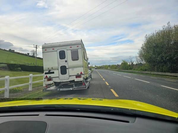 The jeep driver was hauling this camper on a trailer when stopped. Pic: An Garda Síochána Waterford FB The jeep driver was hauling this camper on a trailer when stopped. Pic: An Garda Síochána Waterford FB