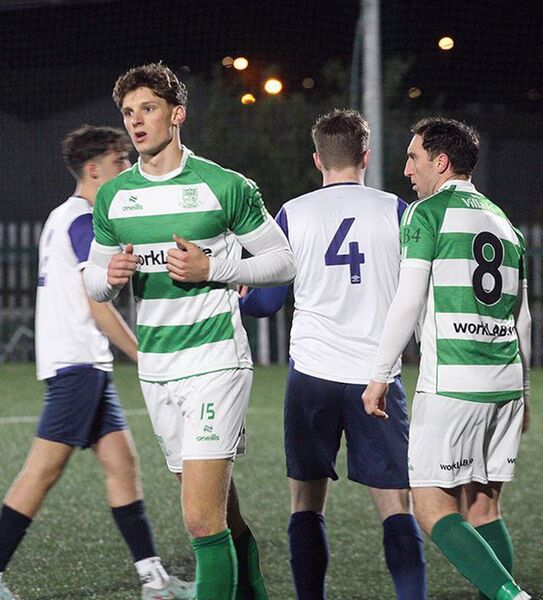 Matas Grinus celebrates his goal for Villa against Waterford Crystal. Matas Grinus celebrates his goal for Villa against Waterford Crystal.