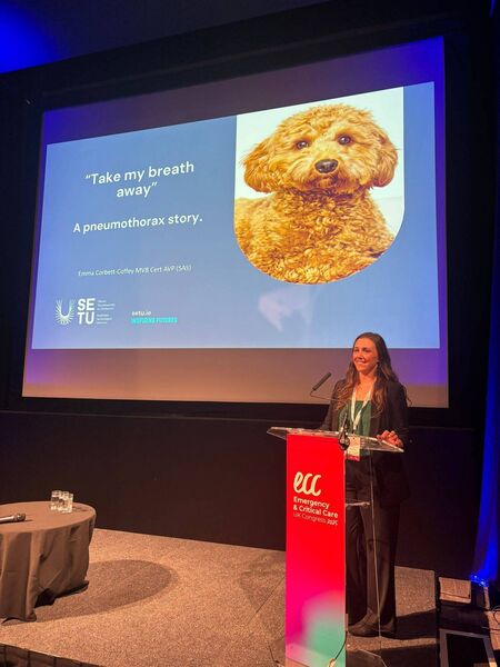 SETU Lecturer in Small Animal Veterinary Medicine Dr Emma Corbett-Coffey presenting at the Emergency and Critical Care (ECC) Congress. SETU Lecturer in Small Animal Veterinary Medicine Dr Emma Corbett-Coffey presenting at the Emergency and Critical Care (ECC) Congress.