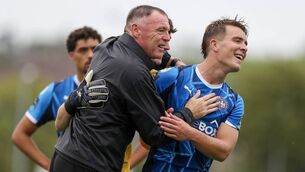 <p>Waterford FC's manager Graham Coughlan celebrates the win over Shelbourne with Stephen McMullan and Tommy Lonergan. Photo: INPHO</p> <p>Waterford FC's manager Graham Coughlan celebrates the win over Shelbourne with Stephen McMullan and Tommy Lonergan. Photo: INPHO</p>